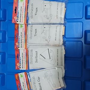 x4 wood model craft set 2 trains 1 car 1 sailboat brand new